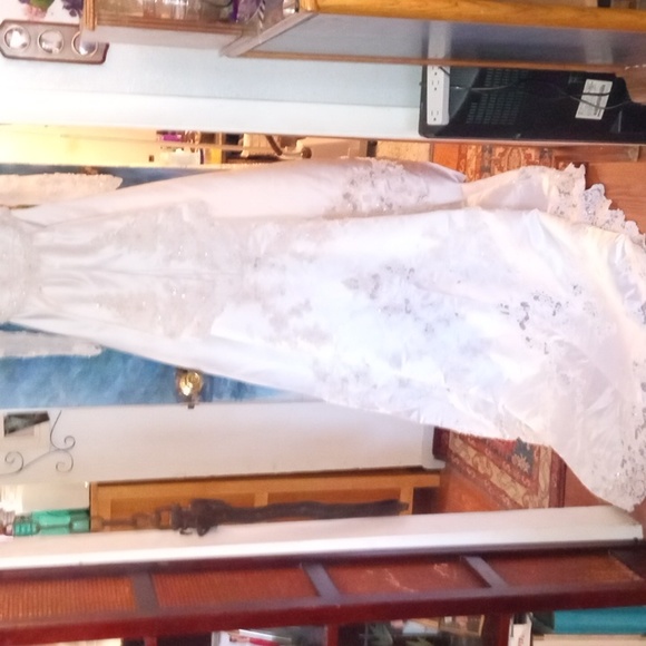 Beautiful white satin beaded sequined net arm sweetheart neckline wedding gown - Picture 6 of 10